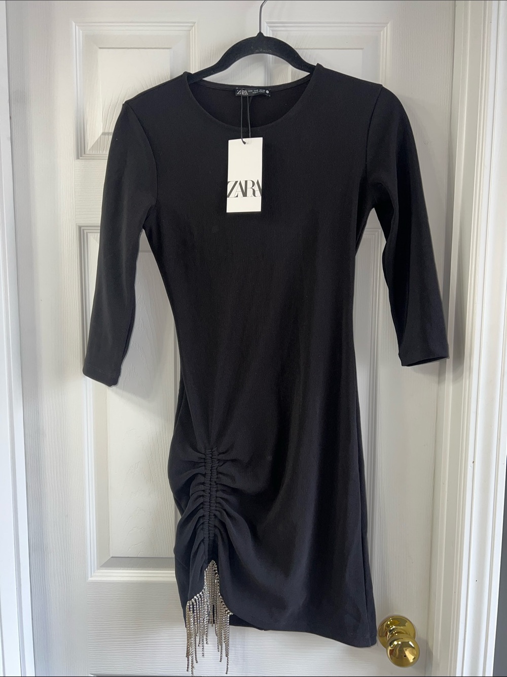 Zara Ribbed Black Mini Dress with Side Ruche and Crystal Fringe PP16” Length 35”